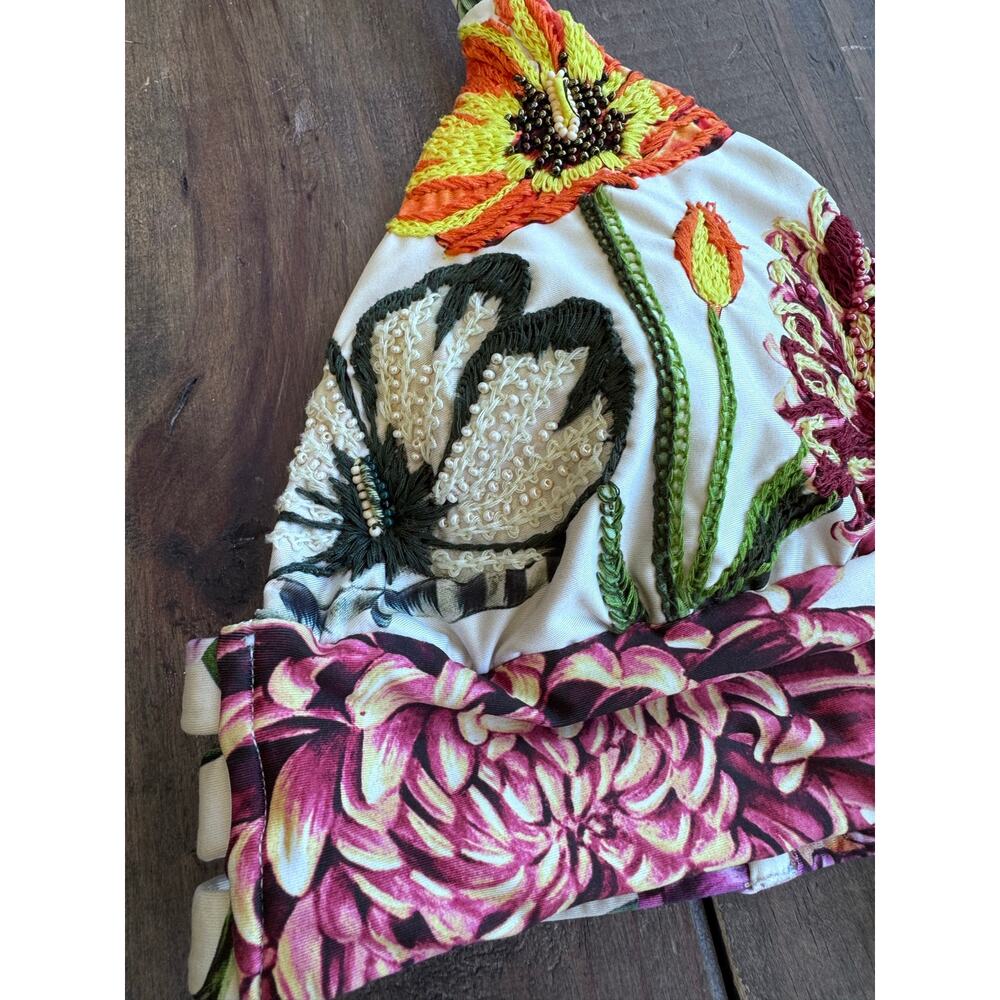 Agua Bendita Floral Embroidered Bikini Set Size L Triangle Tie Side Swimsuit - Picture 6 of 14